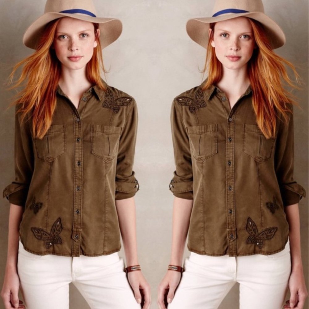 Anthropologie Super Soft Army Green Button-down